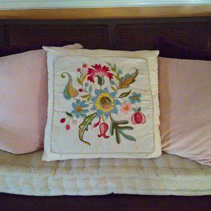 Vintage Crewel Embroidered  Jacobean Style  Cushion
